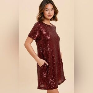 Adore Merlot Burgundy Sequin Side Pocket Mini Dress
